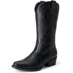 Dream Pairs Women's All Black Mid Calf Cowgirl Boot Square Toe Chunky Heel Shoes